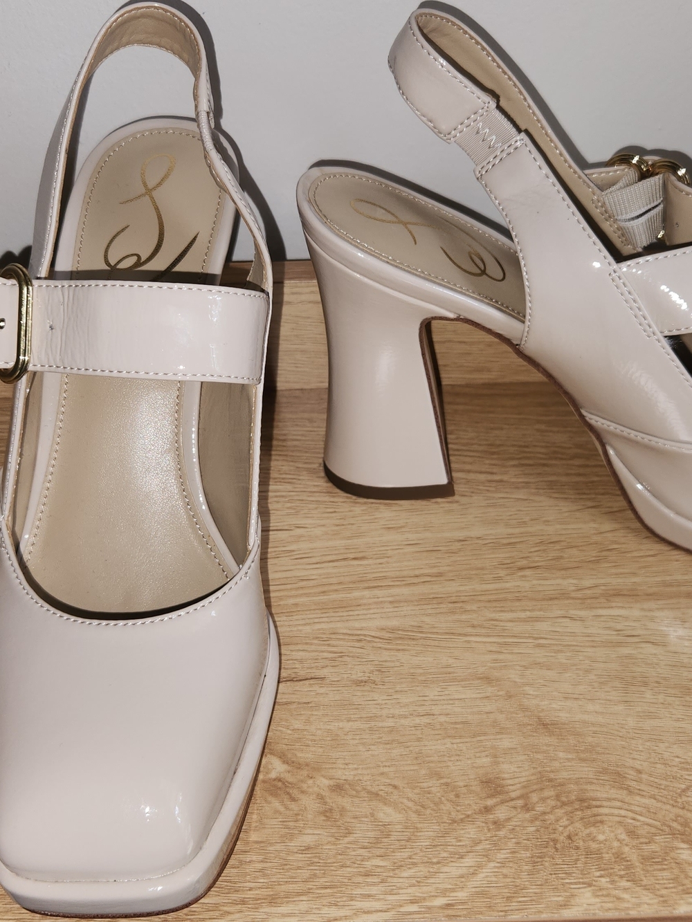 Sam Edelman Cream Patent Jildie Mary Jane Slingback Block Heel Pumps